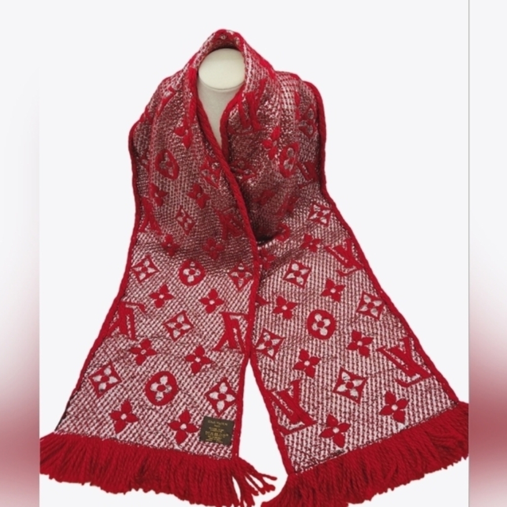 Louis Vuitton Red Metallic Logomania Scarf with Box /COA - Picture 13 of 14